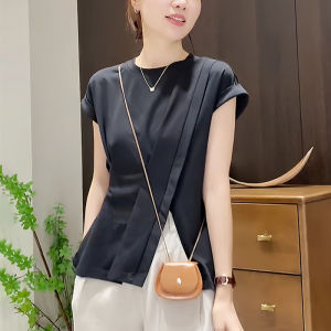 Áo Thun Nữ Tay Ngắn Xếp Ly Không Đều Hở Bên Hông Mùa Hè 2025 Phong Cách Hàn Quốc Dáng Rộng Cổ Tròn Màu Trơn