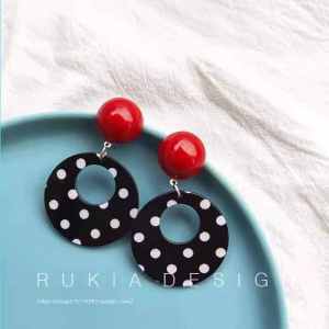 Retro Black White Polka Dot Earrings Modern 80s Disco Circle Wine Red Color Block Hong Kong Style Womens Earring Jewelry