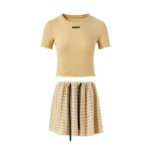 Elegant Lace Knitted T-shirt with Color Contrast Adjustable Waist Skirt Pants Set