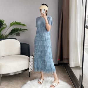 Elegant Summer Thin Sleeveless Pleated Fringed Vest Dress Womens Long Skirt High-End Sensation Airy Comfort round Neckline