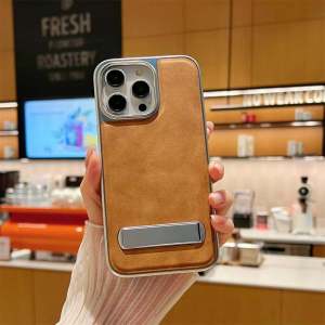 New 2024 Electroplated Creative Mobile Phone Case for Apple 16Promax Invisible Stand Leather Texture Mens Style Anti-Fall Protection