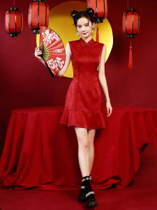 Red Short Fit Wedding Qipao Sleeveless Fish Tail Dress Vintage Style Custom Made Engagement Celebration Ceremony Gown