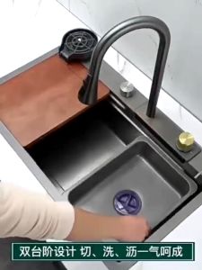 [SG Seller]SG Stock  Black Waterfall Nano Kitchen Sink 304 Stainless Steel Single Basin Bowl Tank Pullout Faucet Tap(3 Colors )