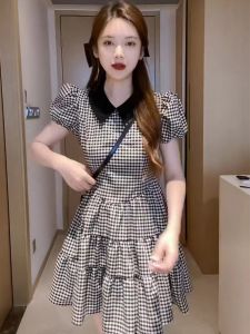 Black White Plaid Doll Collar Bubble Sleeve Dress Womens Mini Vintage School Style Summer New Arrival A-Line Short Dress