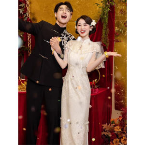 ชุดแต่งงานสไตล์จีนใหม่ ชุดราตรียาวสีแชมเปญ ชุดใส่ไปงานฉลอง ชุดราตรีสุดหรูสำหรับผู้หญิง