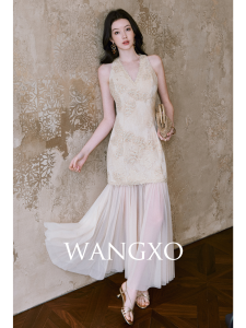 WANGXO | Heavily Embroidered Lace Tulle Halterneck A-line Dress