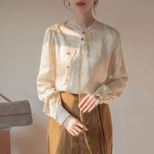 Áo Sơ Mi Dài Tay Nữ Phong Cách Trung Hoa Mới Chống Nhăn Họa Tiết Nổi Cổ Đứng Áo Nhỏ Chất Liệu Polyester Mùa Xuân 2025