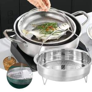 ชั้นวางนึ่งอาหารสเตนเลส / ตะกร้าหม้อความดันพร้อมที่จับ / อุปกรณ์ทำอาหารในครัวเรือนสเตนเลส ถาดนึ่งอาหารในบ้าน / ตะกร้าทำความสะอาดผลไม้ เครื่องมือทำอาหาร