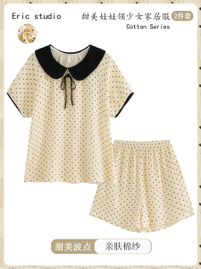 Sweet Doll Collar Cotton Pajamas Short Sleeve Short Pants Polka Dot Home Clothes Set for Young Women Summer Comfortable Sleepwear