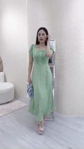 Đầm xòe hoa nhí form dài cổ vuông xếp ly bèo tay búp sen Misa - MS0243