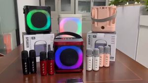 YS-307 Karaoke Bluetooth Super Bass Speaker with Colorful Lights Handle & Dual Wireless Microphone Multi Function
