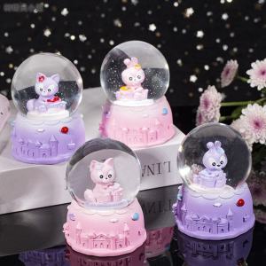 Creative Cute Mini Crystal Ball Glowing Glass Decoration Fox Rabbit Desktop Ornament Girls Birthday Gift Cartoon Style Resin Glass