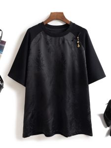 New Chinese Style National Trend T-Shirt Womens round Neck Splicing Embroidery Short Sleeve Patchwork Top Summer Fashion