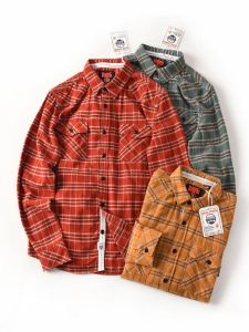 Retro American Cotton Flannel Long Sleeve Shirt Mens Warm Plaid Workwear Fashionable Urban Style All-Season Standard Fit