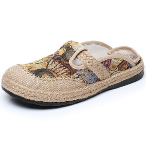 Ladies Half Slippers Summer Outdoor Wear Linen Slip-On Shoes Cotton Linen Flat Heel Casual Style Cartoon Patterned Slip-On