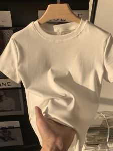 Shoulder White Small Neckline T-shirt Short Sleeve Women Summer Pure Cotton Slim Cotton Basic Solid Color round Neck Bottoming Tops