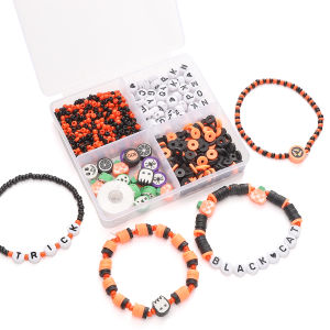 915Pcs/Box Halloween Beads Kit Soft Clay Beads Letter Beads Czech Glass Beads Set For Jewelry Making DIY Charm Bracelet Necklace Craft Accessories