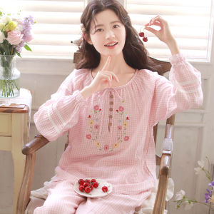 Áo Ngủ Cotton Ba Lớp Thêu Họa Tiết Ngọt Ngào Có Đệm Ngực Tay Dài Áo Ngủ Cotton Nguyên Chất Cho Nữ Mùa Xuân Thu Mặc Nhà