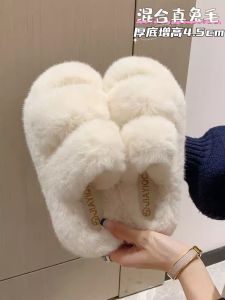 Mixed Rabbit Fur Slippers Womens Outdoor Autumn Winter Plush Home Thick Bottom Velvet Cotton Slippers Comfortable Chic