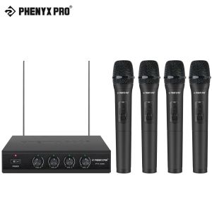 Phenyx Pro VHF Wireless Microphone System 4 Channel  Wireless Mics 4 Handheld Dynamic Microphones Metal Receiver Long Range Microphone for Singing Party Karaoke Church