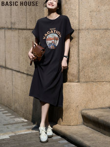 Váy T-shirt Tay Ngắn Rộng Rãi Thường Ngày Cho Nữ Mùa Thu Đông Cotton in Họa Tiết Váy Công Sở Váy Chữ a