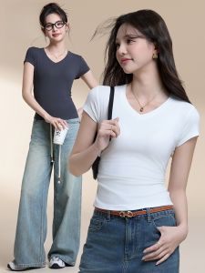 MiiOW | White V-neck Short Sleeve Drawstring Waistline Comfortable Breathable Catman Summer New Arrival Womens Top Shoulder Width