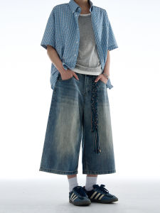 MADWITCH American Retro Washed Bamboo Design Loose Straight Casual Jeans Mens Seven-Foot Loose Straight Tube Casual Pants