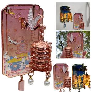 Exquisite Luminous Lantern Metal Magnetic Refrigerator Sticker 3D DIY Wuhan Yellow Crane Tower Decoration Travel Souvenirs