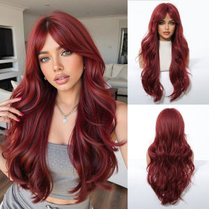Synthetic Burgundy Long Wavy Wig Wine Red Colorful Cosplay Lolita Natural Wigs with Medium Part Bangs for Women Heat Resistant