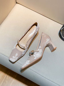 Elegant Chinese Embroidered Mary Jane High Heels Womens Fashion Single Shoes Retro Style Floral Patterned Comfortable Slip-On