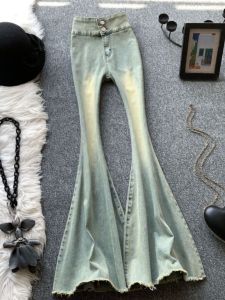 Retro High Waist Slimming Fish Tail Wide Leg Denim Jeans Womens Autumn Stretch Elastic Frayed Floor Length Pants Casual Cotton Stretch Denim