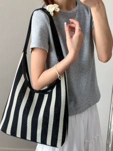 Womens Striped Hollow out Woven Tote Bag Fashionable Commuter Single Shoulder Maternity Beach Bag Soft Polyester Lining