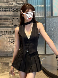 Hebe Style Womens Summer Hot Girl Sleeveless Striped A-Line Mini Skirt Two-Piece Set Early Spring Fashion Outfit