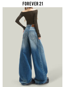 Forever 21 Retro High Waist Wide Leg Jeans Women Loose Drapey Knife Pants Denim Blue Casual Fashion Autumn Season Ladies