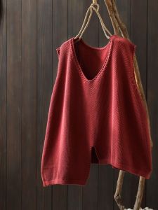 Short Spring and Autumn Pure Color Cotton Thread Knitwear Pullover Vest Womens V-neck Sleeveless Sweater Outer Wear Bottoming Loose Vest