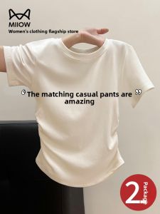 miiow | Casual Short Sleeve Round Neck T-Shirt Women Summer Thin Fit Base Layer Sport Versatile Shoulder Body Shirt Waist In T-Shirt