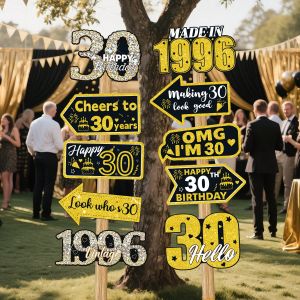 10pcs 30th 40th 50th 60 70th Birthday Black Gold Decoration Set Photo Booth Props Vintage Style Paper Signage