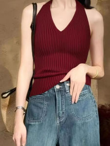 chaqi | Red V-Neck Knitted Halter Top Womens Outerwear Design Sensation Summer Unique Back Exposure Slim Fit Short Length Shirt