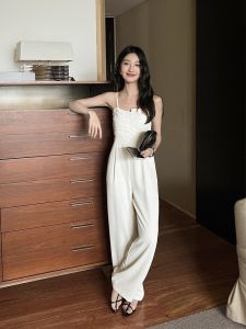 SWHP Cool Sliding on Jumpsuit with Strap High Waist Wide Leg Pants Commute Style Thin Polyester Fabric Long Pants
