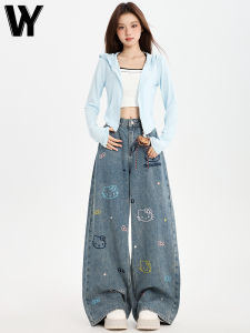 Retro Blue Kitty Cat Wide Leg Jeans Womens Embroidered High Waist Slimming Loose Floor-Length Straight Cut Trousers