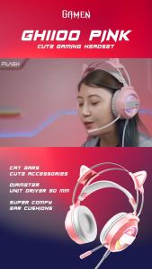 GAMEN Headset Earphone Headphone Gaming Cat Ear GH1100 Pink LED RGB Lighting Original Bass - Garansi 1 Tahun