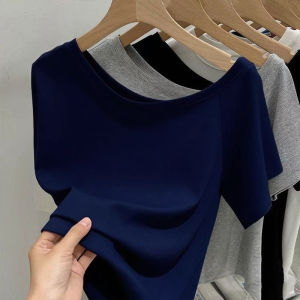 เสื้อยืดแขนสั้นสีเทาเทรนด์ฤดูร้อน 2025 สำหรับผู้หญิง คอวี หลวม กระชับสัดส่วน เสื้อผ้าทำงาน ผ้าฝ้าย ผ้ายืด ระบายอากาศได้ดี ทรงหลวม