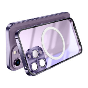 เคสป้องกันเลนส์กล้องแก้วหรูหราสำหรับ Magesafe เคสชาร์จไร้สายสำหรับ IPhone13 14 15 16 Pro Max เคสโทรศัพท์ที่กันกระแทกอะลูมิเนียมอัลลอยแบบไม่สม่ำเสมอสำหรับ IPhone13 14 15 16 Pro Max 16Pro บัมเปอร์โลหะป้องกันฟิล์มเลนส์