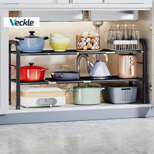 Veckle Expandable Under Sink Pot Racks Kitchen Storage Rack Adjustable Height Condiments Racks Organizer