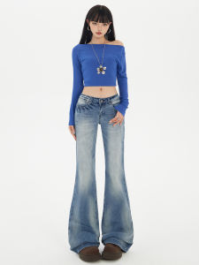 American Style Low Waist Bell Bottom Jeans Womens Thickened Straight Leggings Slimming Blue Denim Pants Casual Wear