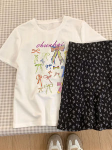 เสื้อยืดแขนสั้นผู้หญิงพิมพ์ลายโบว์ผีเสื้อฤดูร้อน ทรงหลวม ใส่สบาย ผ้าฝ้ายแท้ ทรงหลวม แขนสั้น คอกลม ทรงหลวม ลำลอง