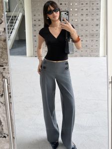 audwyn | Mid to Low Rise Straight Trousers Stripe Wide Waist Double Buttoned Drapey Pants