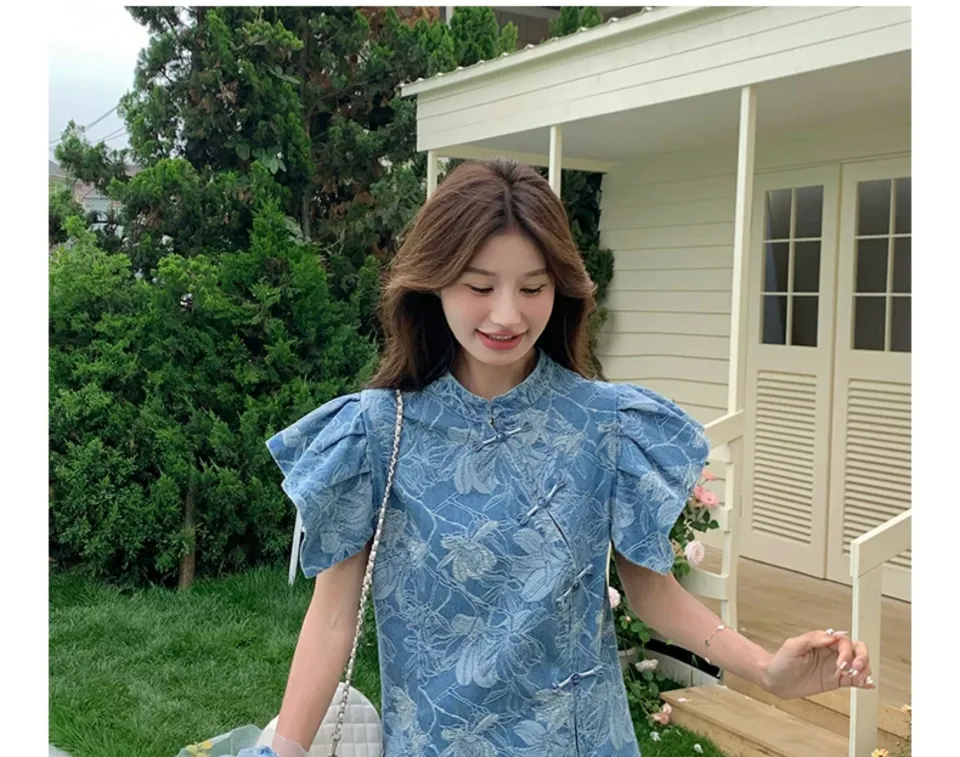 Chinese Retro Embroidered Denim Dress Two-piece
