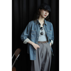 Loose Fit Pure Cotton Long Sleeve Blue Denim Shirt Womens Outerwear Vintage Hong Kong Style Design Sense Slimming Top