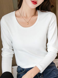 เสื้อยืดคอกลมแขนยาวทรงเข้ารูปสไตล์เกาหลีสำหรับผู้หญิง เสื้อชั้นในสีขาว ฤดูใบไม้ร่วง/ฤดูหนาว เสื้อผ้าทำงาน สไตล์เกาหลี
